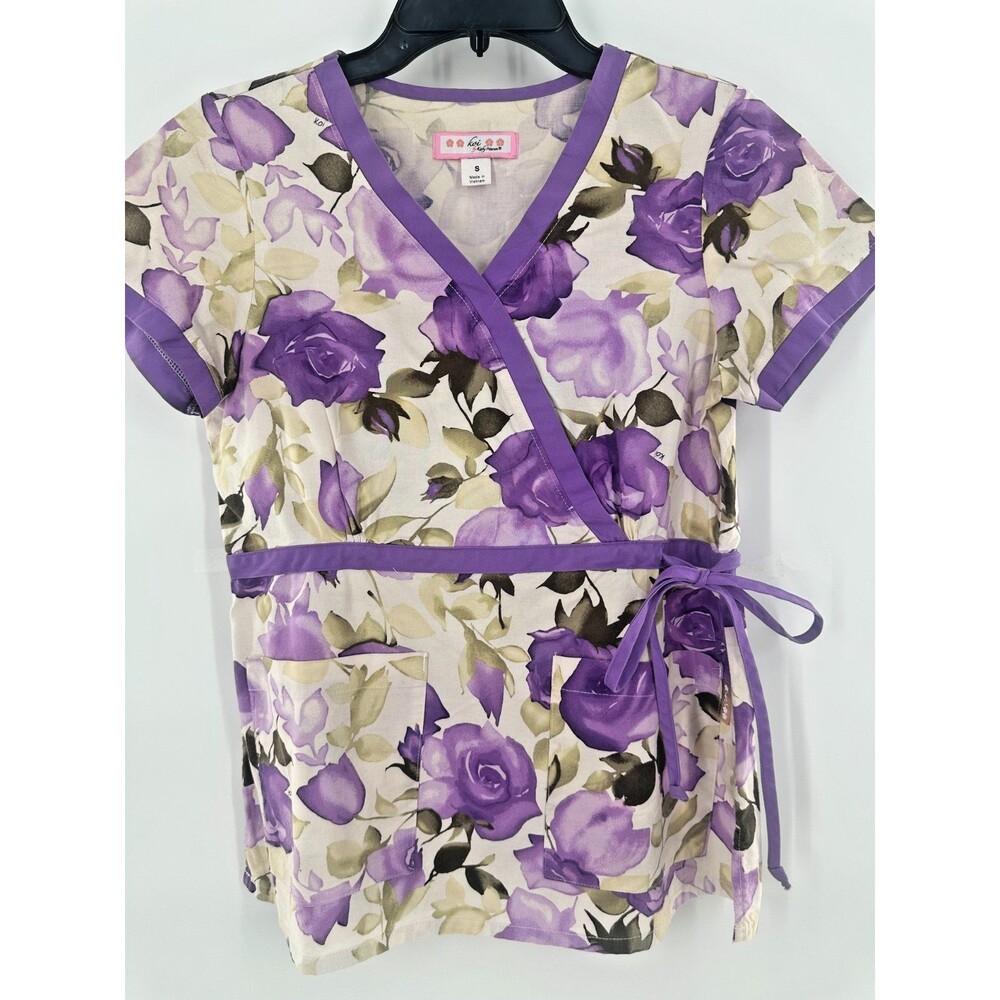 Koi Kathryn Mock Wrap Print Scrub Purple Floral Nurse Uniform Size Small